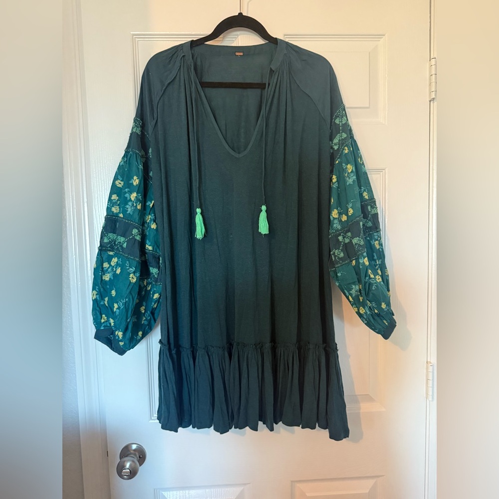 Free People Teal Mini Dress with Floral Sleeves